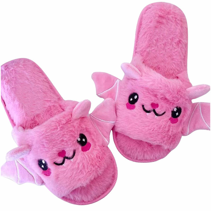 Women Halloween Pumpkin Slippers Fuzzy Demon Slippers Soft Plush Bat Slippers for Indoor Outdoor