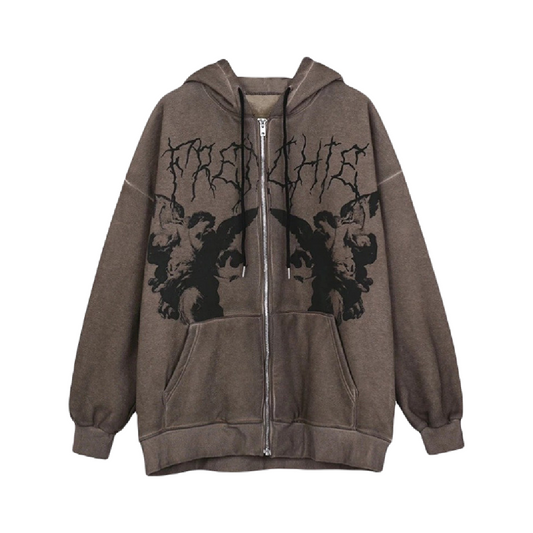 Zipper hoodie brown with black print