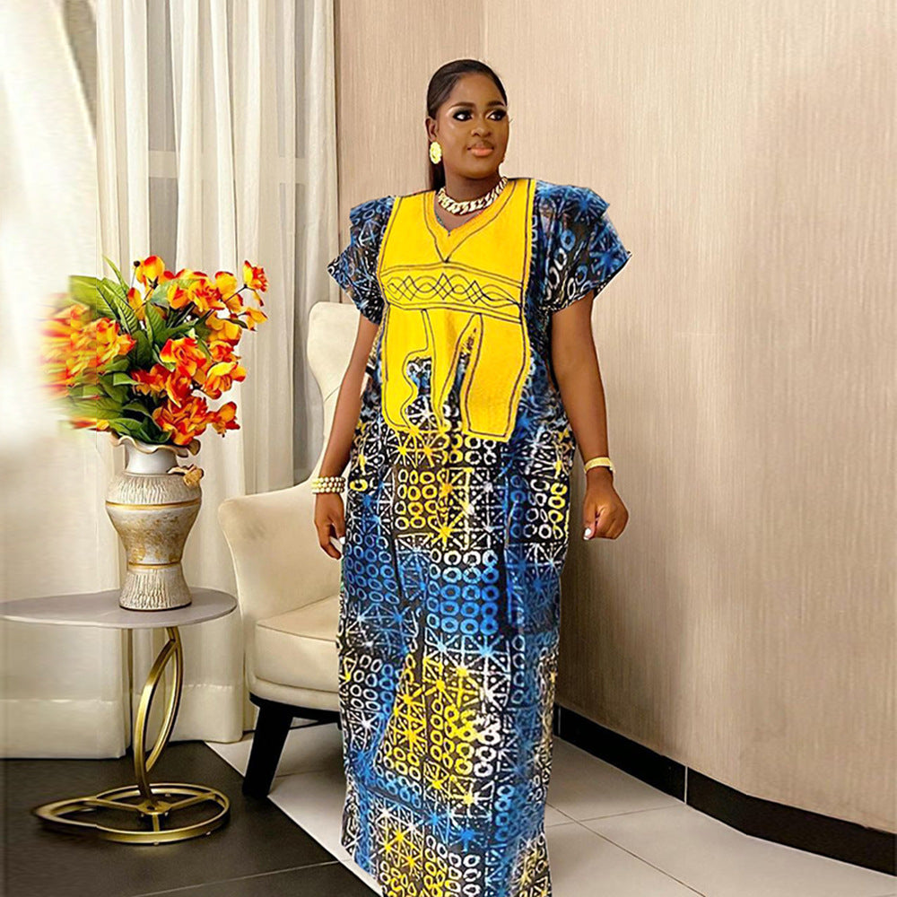 Cross border africa plus size long skirt new women's printed dress alisell embroidery embroidery muslim robe