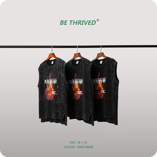 BE men's clothing 2021 summer heavy work is old burning print vest high street retro style small tide card sleeve TEE