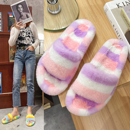 Colorful fur slippers female 2021 new cross-border foreign traders colored plush word trap chamber cotton drag women's shoes