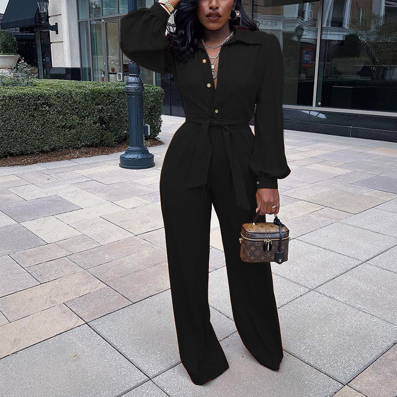 ZL94 Stock 0 Black Women's Temperament Balloon Sleeve Top Loose Wide Leg Pants Casual Suit