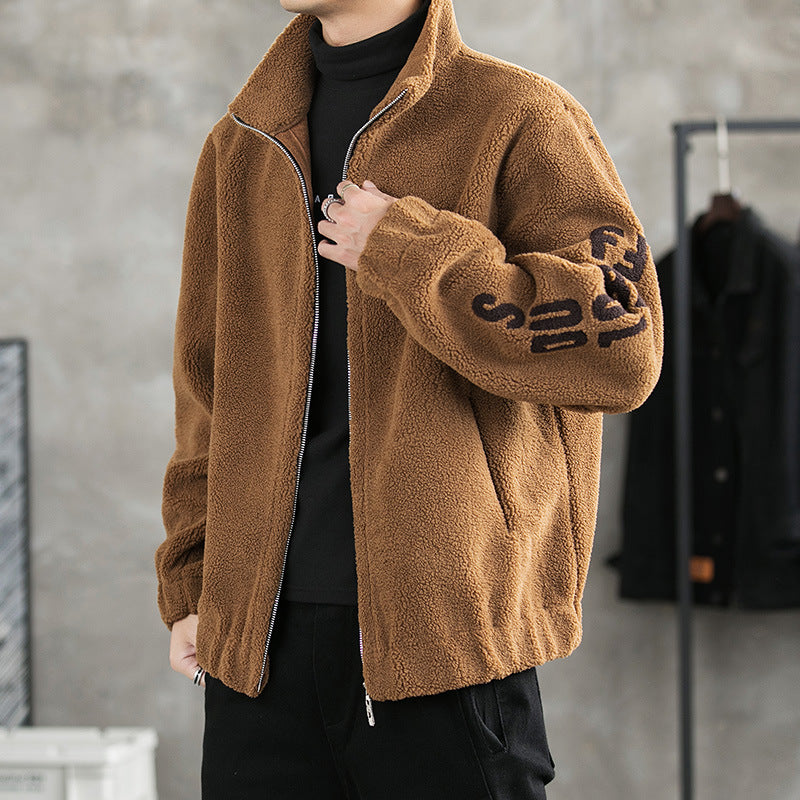 Autumn and winter men's granular velvet jacket Korean version of the trend new Slim collar jacket warm casual fleece jacket