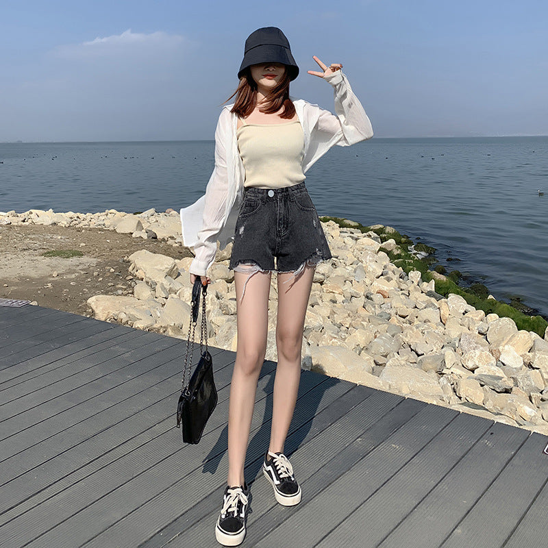 Denim shorts female 2021 summer Korean version of the new high waist slimming high loose hole wool wrapping pants tide