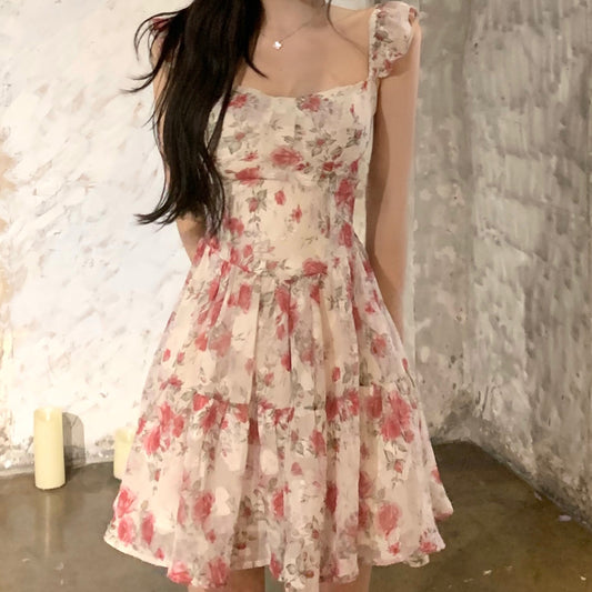 JMSHOP purexious ceiling flower dress female summer new chiffon waist sweet skirt send hair belt