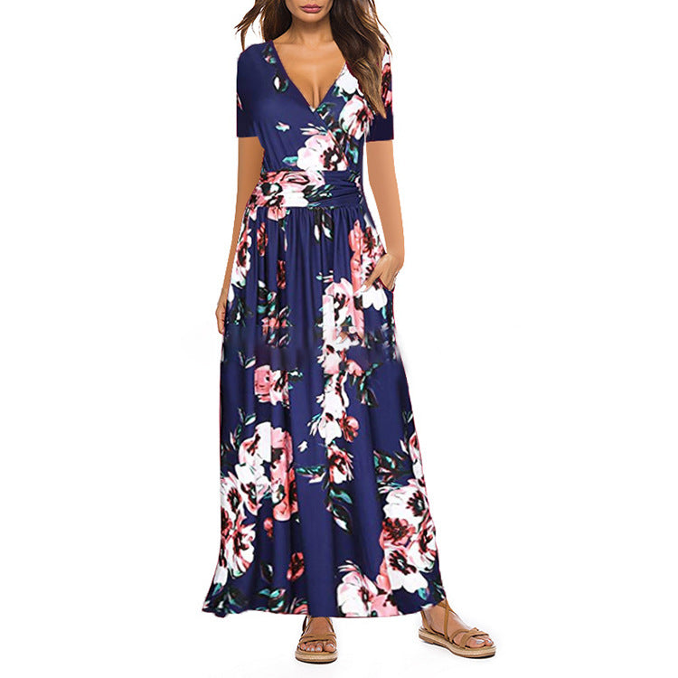 Amazon Wish Ebay2021 Summer New Women's Printed Sling Temperament V Leader Pocket Dress Long Skirt