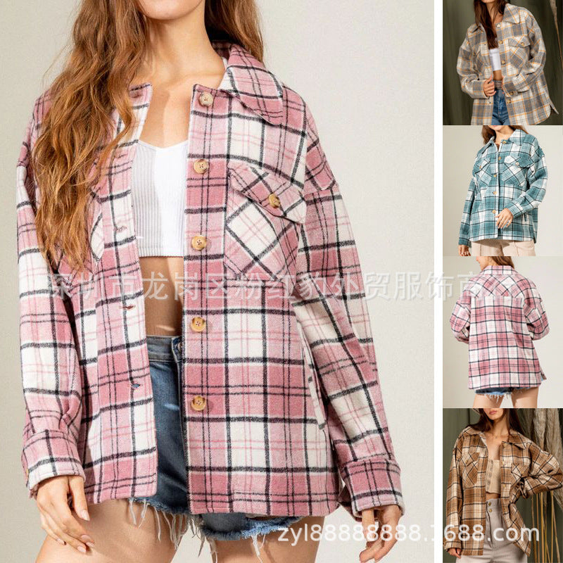 hot style 2022 autumn and winter new women's lapel long-sleeved brushed woolen coat plaid cardigan shirt