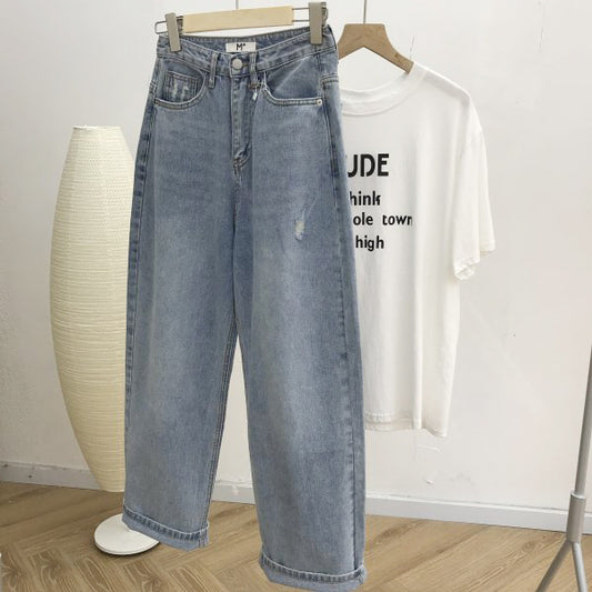 South Korea Dongda Gate! Close eye into the textured street loose straight BAI to high casual legs jeans