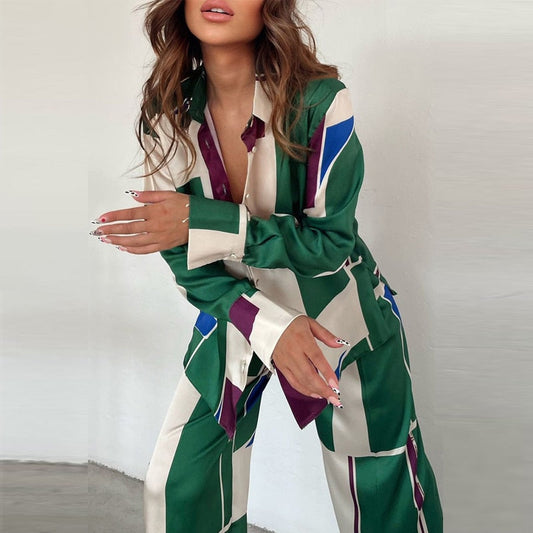 Vintage Print Two Piece Outfits Elegant Turn-down Collar Button Shirt & Straight Pants Sets Women Casual Long Sleeve Loose Suits