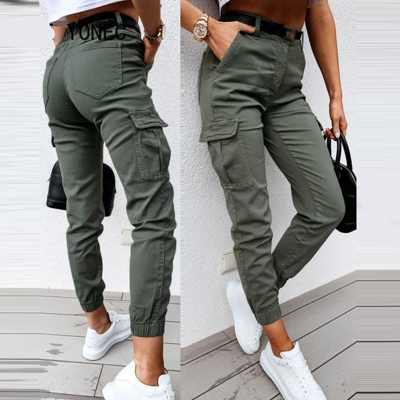 Hnewly Women Casual Solid Multi Pocket Fly Flap Pocket Cargo Ankle-length Pants