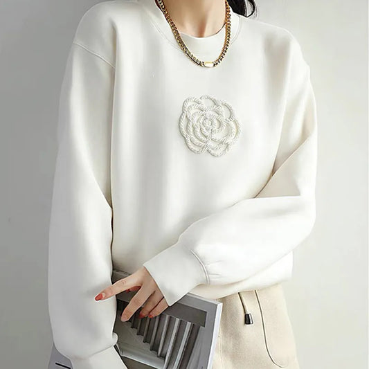 Fashion Black White O Neck Sweatshirt Patchwork Top Autumn Winter Kawaii Flower Long Sleeve Comfort Casual