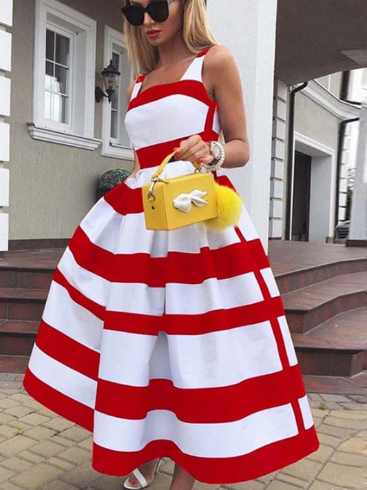 Hnewly Women Elegant Off Shoulder Long Party Dress New Summer Striped Print Sleeveless Dress Fashion Chic A-Line Suspender Beach Dress