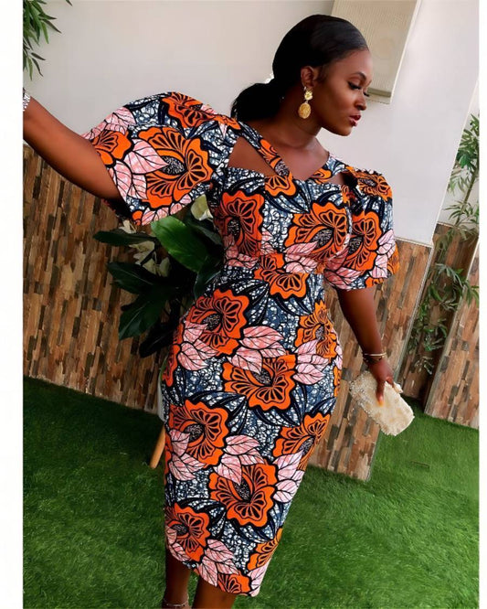 2023 Polyester African Dresses for Women Summer African Women Half Sleeve Printing Knee-length Dress African Print Dresses