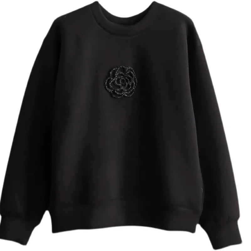 Fashion Black White O Neck Sweatshirt Patchwork Top Autumn Winter Kawaii Flower Long Sleeve Comfort Casual