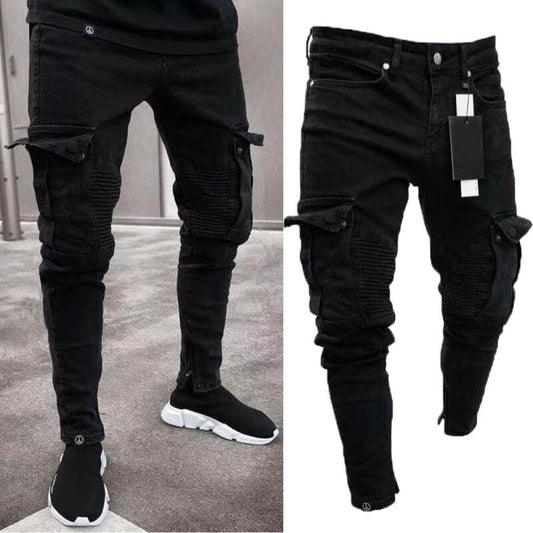 2022 New Men&#39;s Bike Ripped Denim Pants Skinny Jeans Pants Broken Stretchy Black Small Foot Pants For Men