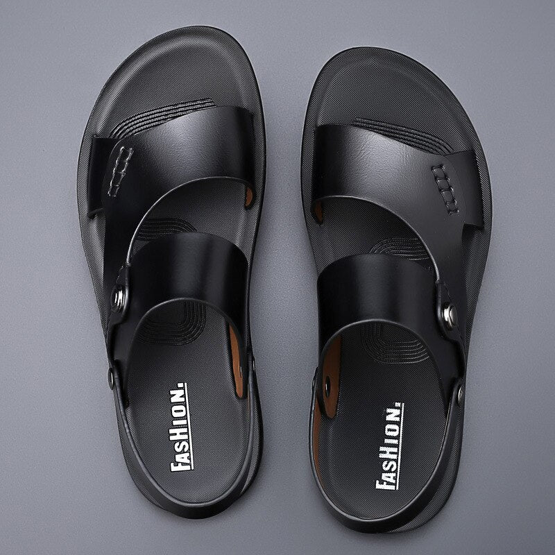 Vipkoala New Summer Holiday Shoes Men Beach Sandals Flat Non-slip Soft Leather Mens Sandals Summer Male Footwear Black Yellow