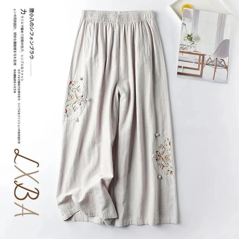 Cotton and linen casual pants women's plus size summer fashion retro embroidery thin section straight wide leg nine-point pants