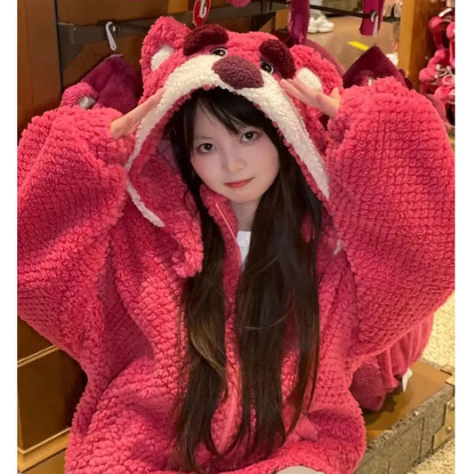 Lotso Alien Girls Plush Thickened Loose Hooded Sweater Kawaii Anime Autumn and Winter Keep Warm Cotton Clothes Girl Gift