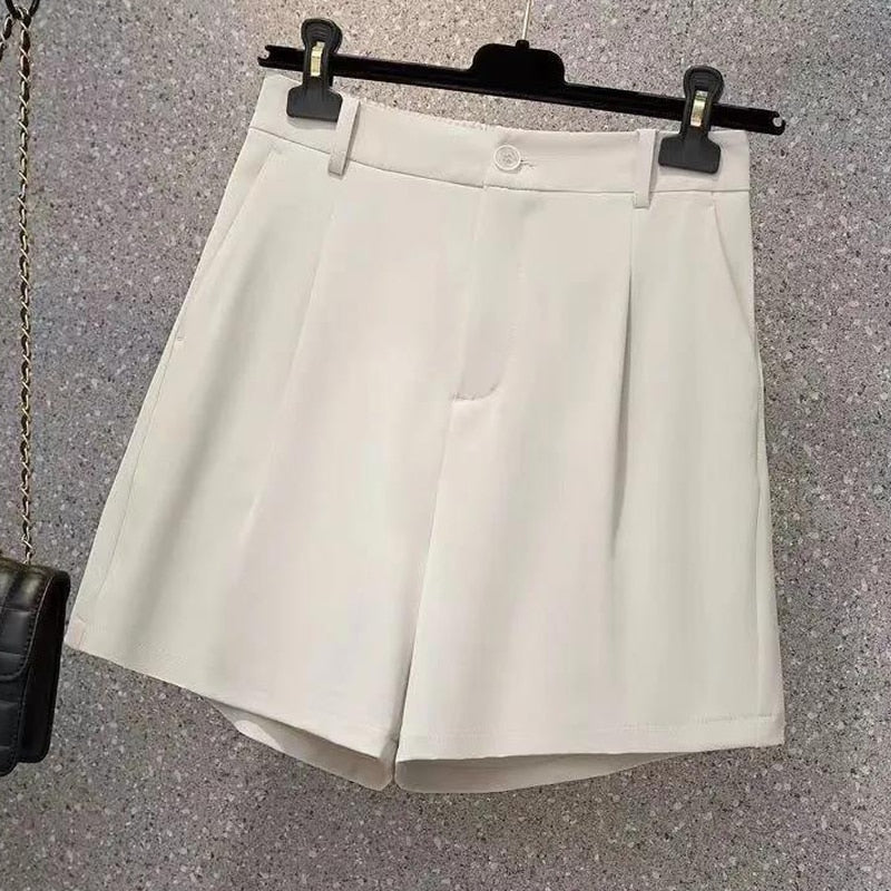 Suit shorts women's summer new fashion simple elastic high waist large size straight chiffon casual shorts