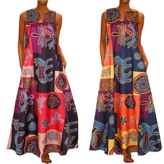 Plus Size 4XL 5XL African Dresses for Women Dashiki Floral Print Sleeveless V Neck Bazin Bohemian Maxi Dress Vintage Vestidos