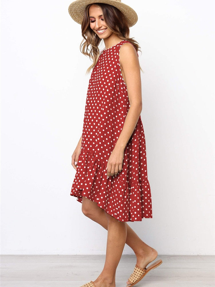 Women Polka Dot Chiffon Sleeveless Beach Mini Casual Yellow Sundress