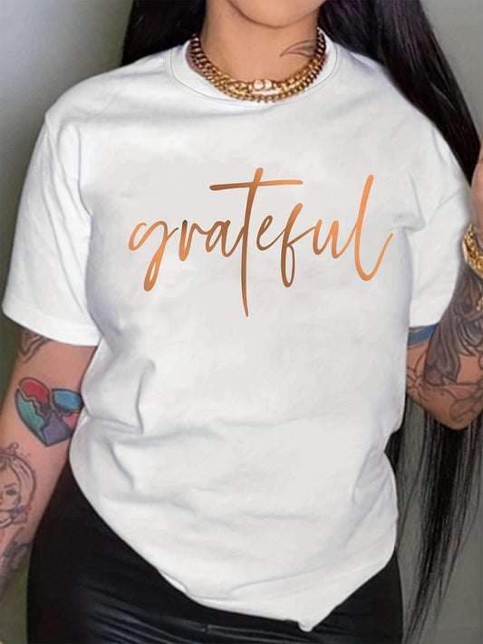 Grateful Letter Print Crew Neck T-shirt, Casual Short Sleeve Summer Top, Women's Clothing