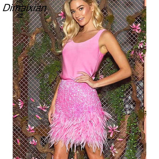 Dimaixian 2 Piece Sets Feather Sexy Skirt Women's Summer Slim Short Skirts 2023 Autumn Fashion Elegant Office Ladies Suit Outfits