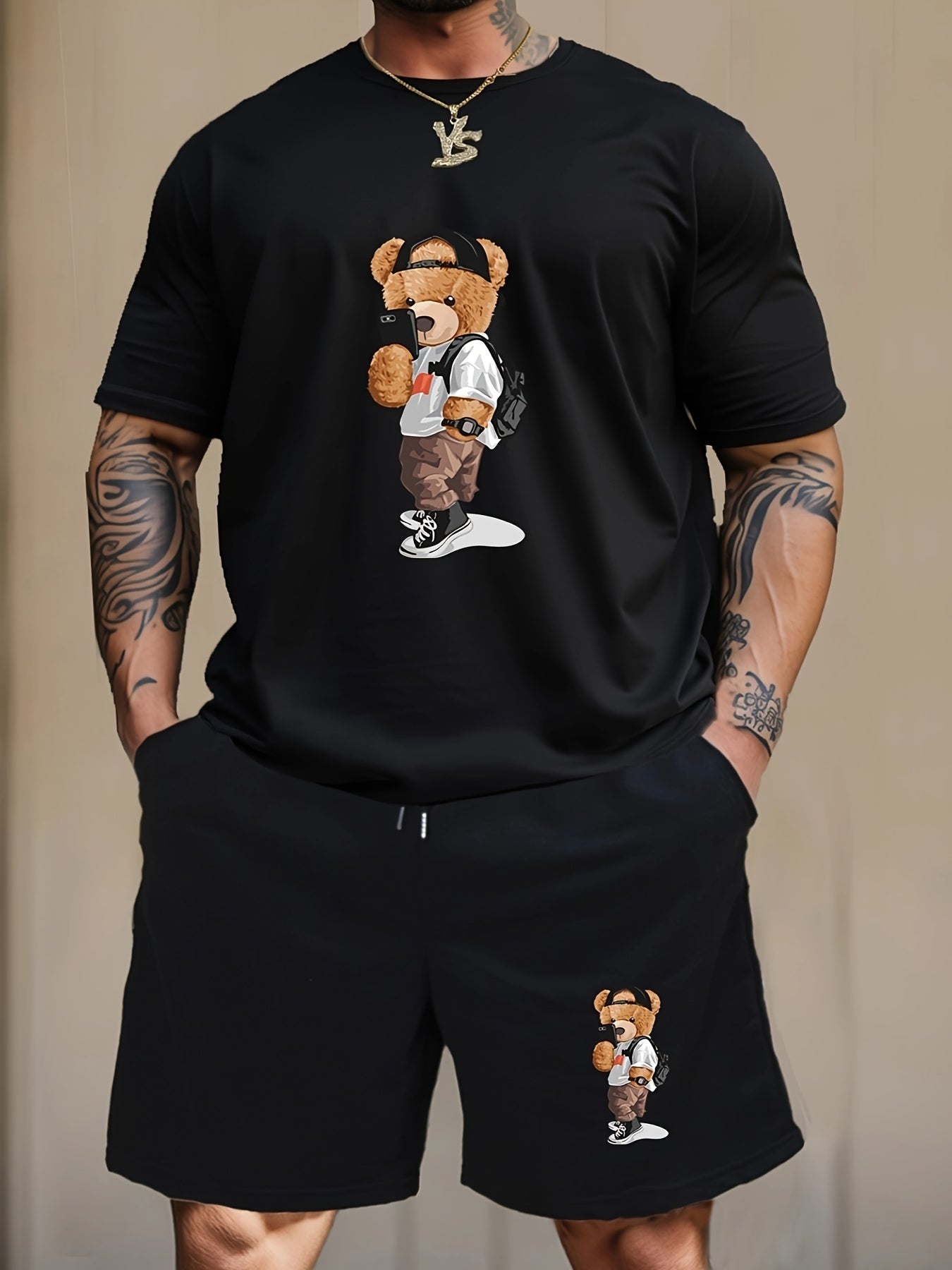 2pcs Men's Outfits Fashion Cool Selfie Bear Cartoon Print Loungewear Set, Short Sleeve Crew Neck Graphic T-shirt Top & Drawstring Shorts With Pockets, Casual Pajama Set