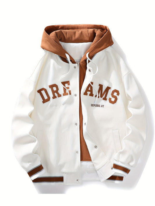 Men's Casual Hooded Varsity Jacket, Street Style Letter Print Jacket For School