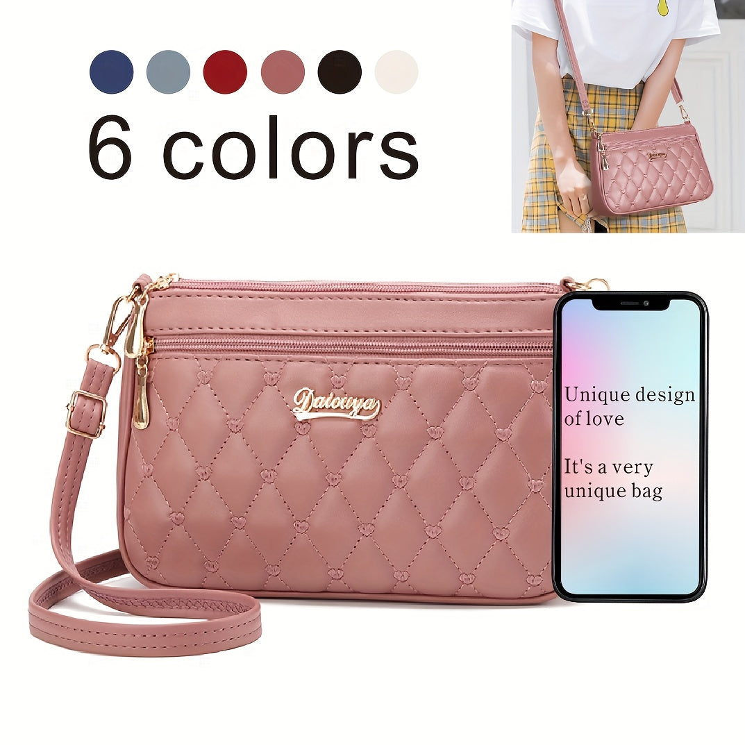 Heart Embroidery Crossbody Bag, Simple Solid Color Shoulder Bag, Women's Every Day Zipper Purses