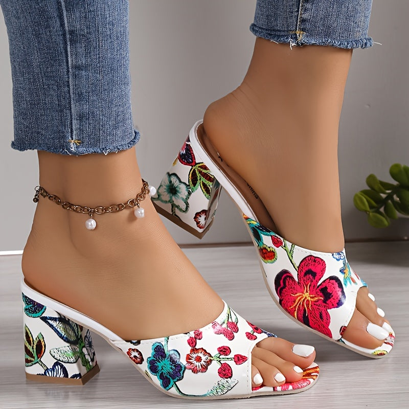 Women's Flower Pattern Chunky Heel Sandals, Fashion Open Toe Dress Pumps, Stylish Slip On Heels