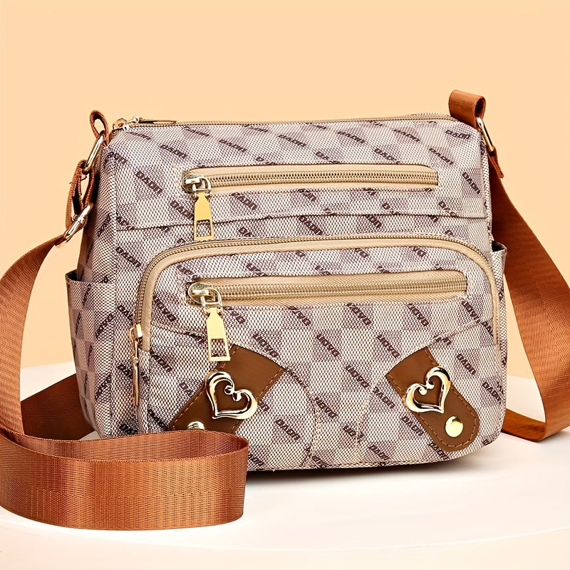 Fashion Plaid Pattern Crossbody Bag, Borsa A Tracolla In Pelle Sintetica Decorata Con Cuore, Multi Tasche Da Donna