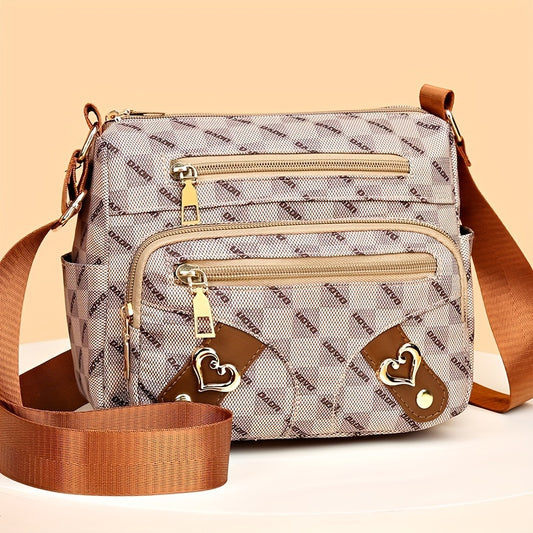 Fashion Plaid Pattern Crossbody Bag, Borsa A Tracolla In Pelle Sintetica Decorata Con Cuore, Multi Tasche Da Donna