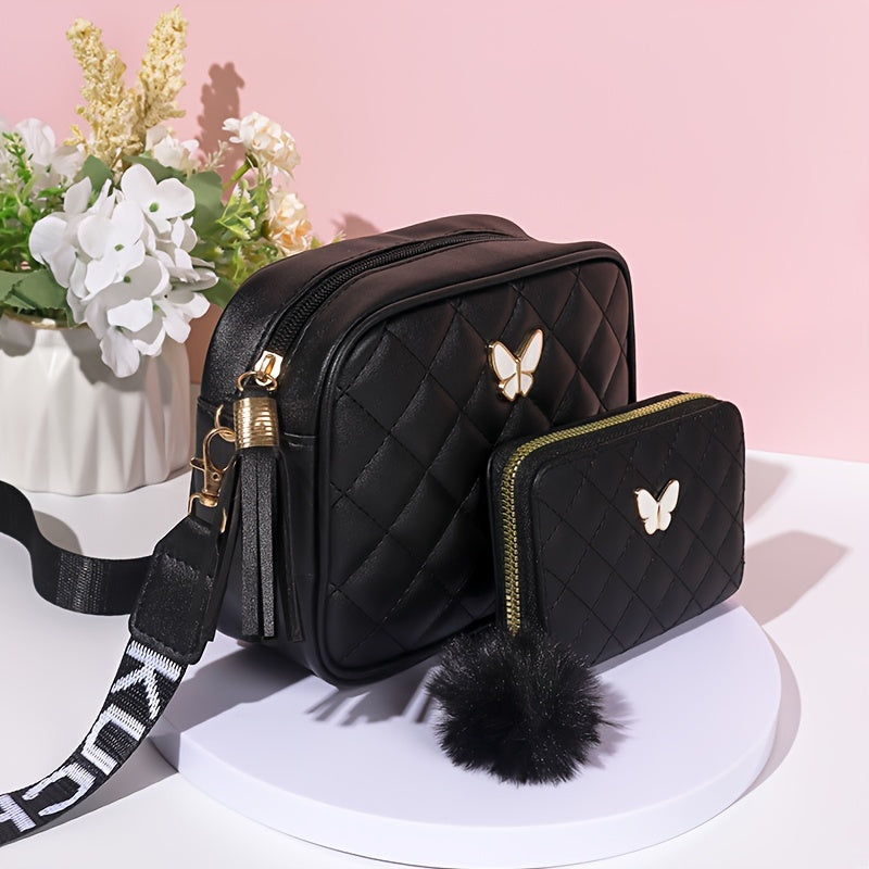 Trendy Black Butterfly Decor Shoulder Square Bag & Mini Card Purse, Classic Argyle Pattern Handbag & Credit Card Holder With Pom Pom Decor