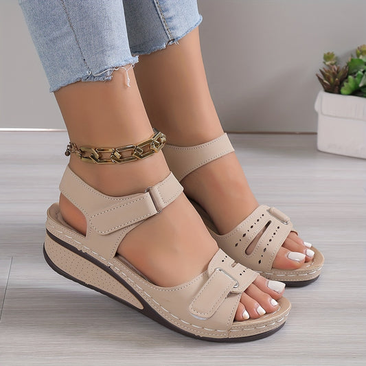 Women's Retro Wedge Heeled Sandals, Solid Color Open Toe Hook & Loop Shoes, Casual Summer Sandals