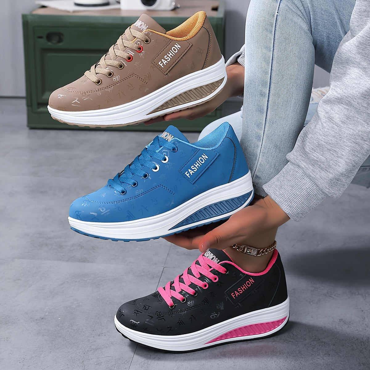 Sneakers Da Donna Con Zeppa Alla Moda Con Motivo A Lettera, Scarpe Da Passeggio Leggere Antiscivolo, Comode Sneakers Casual Con Fondo Spesso