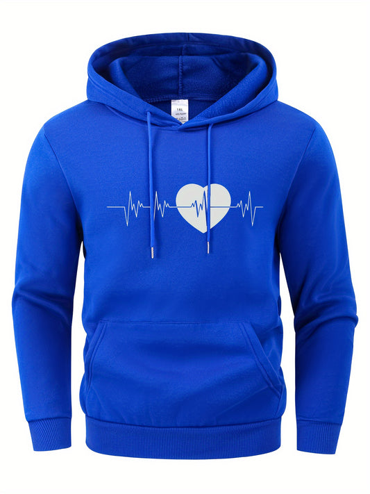 Electrocardiogram Print Hoodie, Cool Sweatshirt For Men, Men's Casual Graphic Design Pullover Hooded Sweatshirt Streetwear For Spring Fall Winter