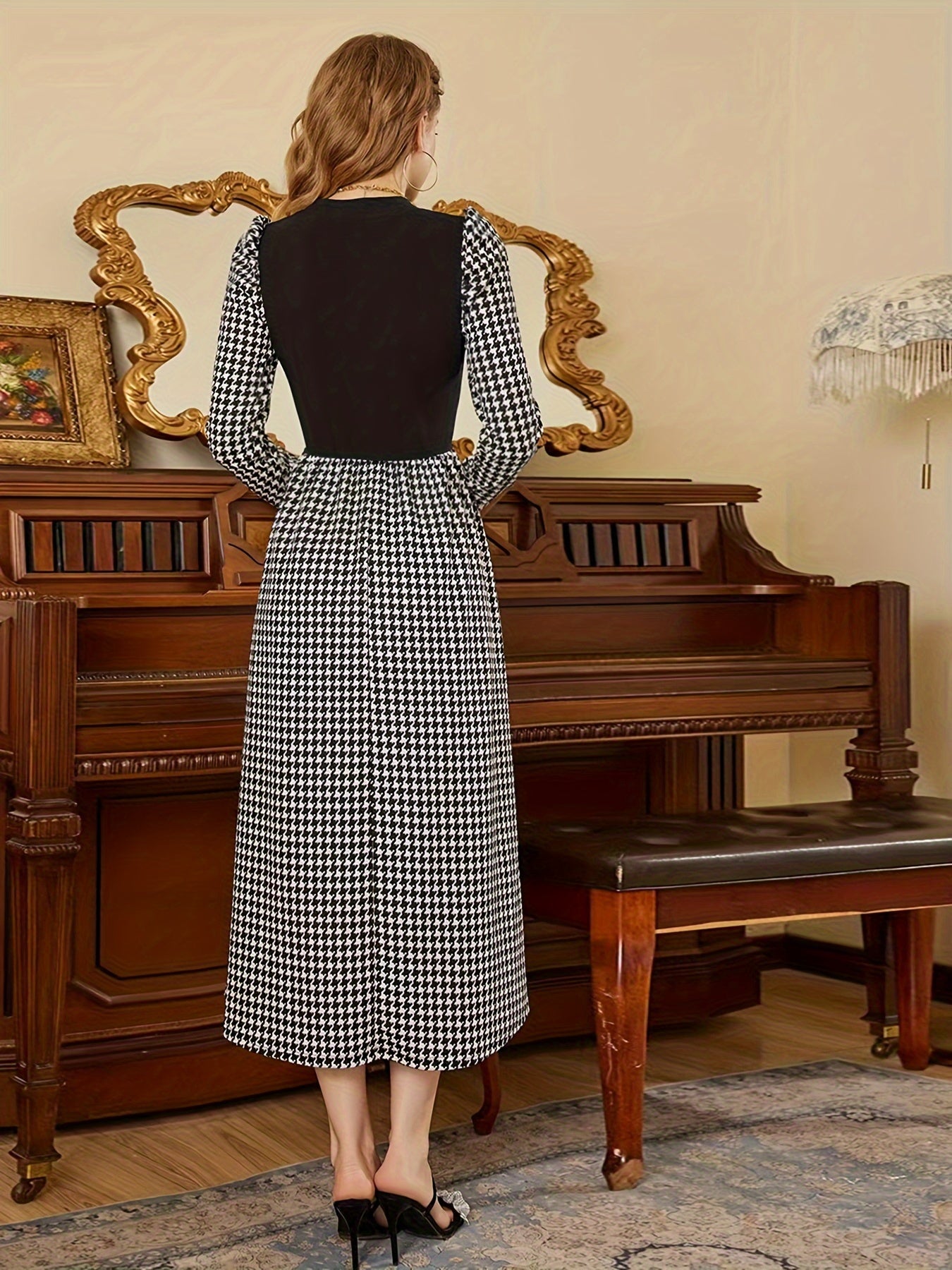 Houndstooth Print Splicing Dress, Elegant Long Sleeve Midi Dress, Women's Clothing