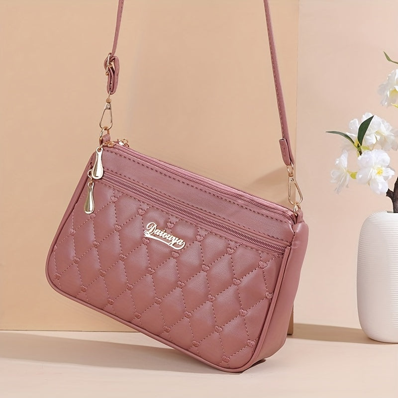 Heart Embroidery Crossbody Bag, Simple Solid Color Shoulder Bag, Women's Every Day Zipper Purses