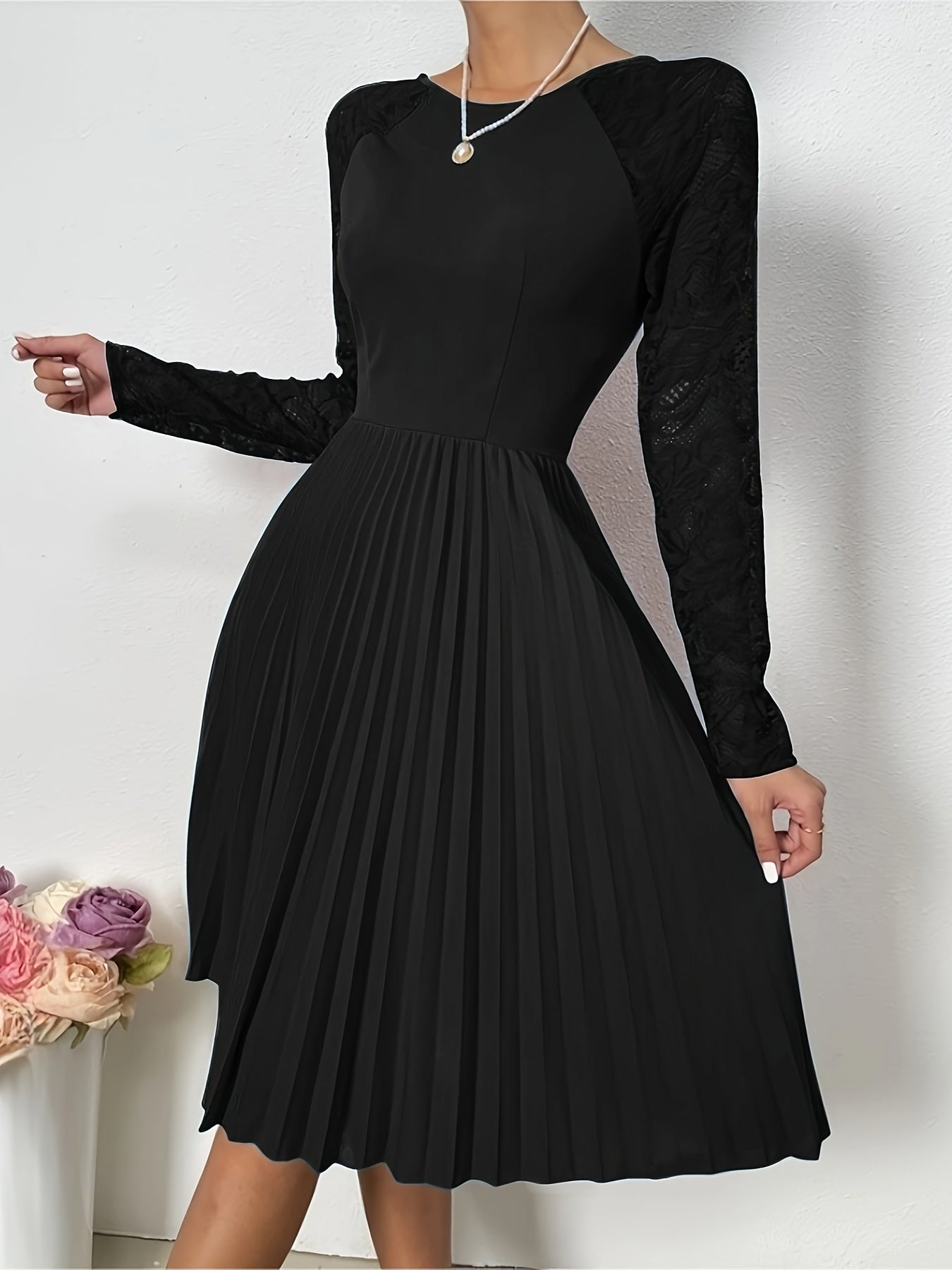 Pleated Contrast Lace Dress, Elegant Long Sleeve Dress For Party & Banquet, Women's Clothing