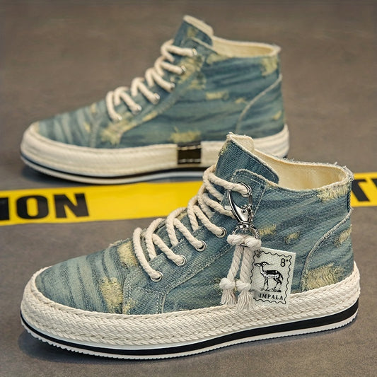 Scarpe Da Skate High-top In Denim Distressed Da Uomo Con Buona Presa, Sneakers Traspiranti Con Lacci, Calzature Da Uomo, Look Ispirato Alle Espadrillas