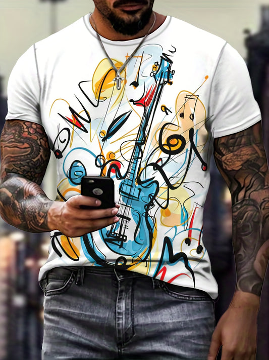 Stylish Guitar Pattern Print Men's Comfy T-shirt, Graphic Tee Men's Summer Clothes, Men's Outfits