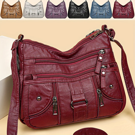 Retro Rivet Decor Crossbody Bag, Soft PU Leather Shoulder Bag, Women's Multi Zipper Messenger Bag