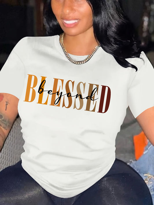 Blessed Print Crew Neck T-shirt, Casual Short Sleeve Top For Spring & Summer, Women's Clothing