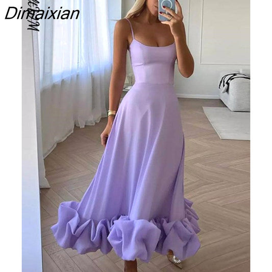 Dimaixian Sexy Solid Ruffle Hem Sling Long Dress Women Fashion Sleeveless A Line Dresses 2023 New Spring Lady Evening Party Vestido