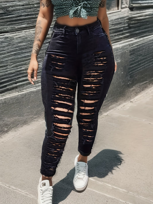 Black Ripped Holes Skinny Jeans, Distressed Mid-Stretch Street Style Denim Trousers, Women's Denim Jeans & Clothing