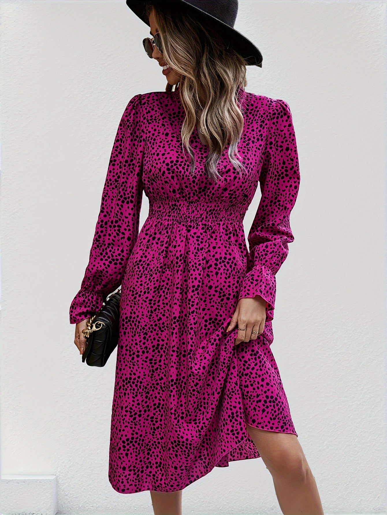 Allover Print Shirred Waist Dress, Elegant Long Sleeve A-line Dress, Women's Clothing