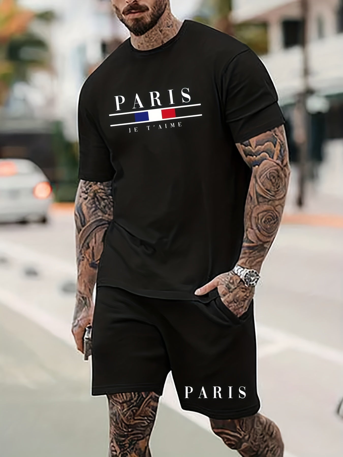 ''PARIS'' Print, Men's 2Pcs, Casual T-shirt And Loose Drawstring Shorts For Running, Training