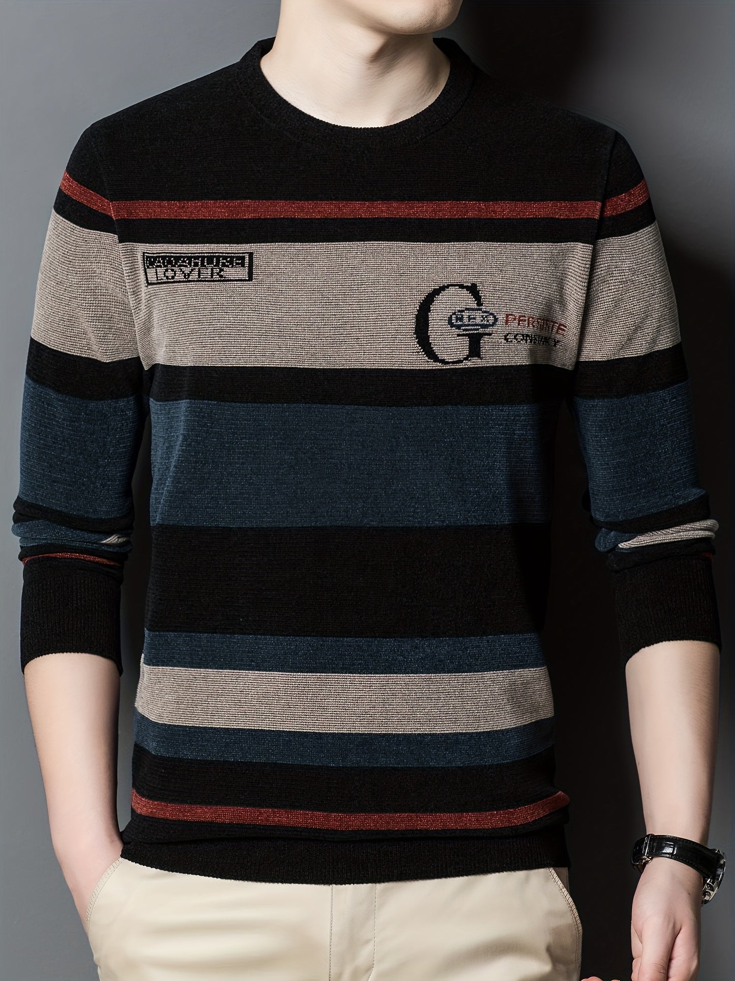 All Match Knitted Color Block Sweater, Men's Casual Warm High Stretch Crew Neck Pullover Sweater For Men Fall Winter