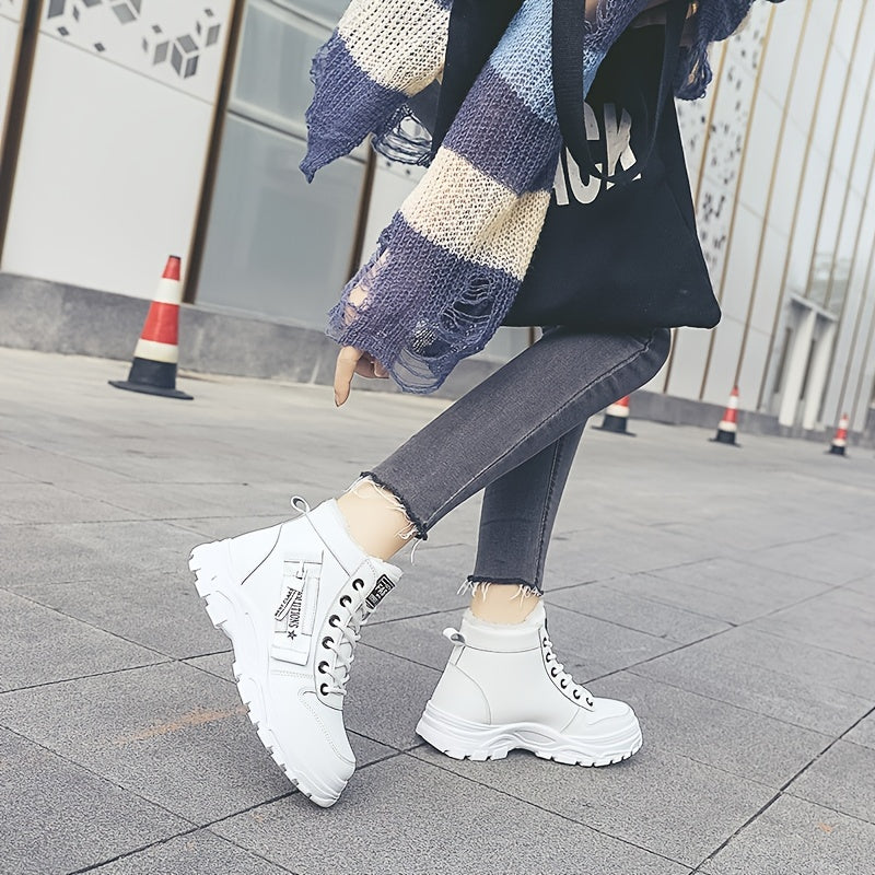 Women's Casual High Top Shoes, Winter Plush Lined Warm Shoes, Thick Soled Lace-up Sports Shoes